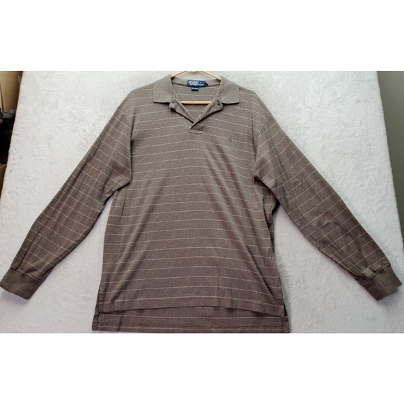 Polo Ralph Lauren Polo Shirt Men Large Brown Striped Cotton High Low Slit Collar - Picture 1 of 9